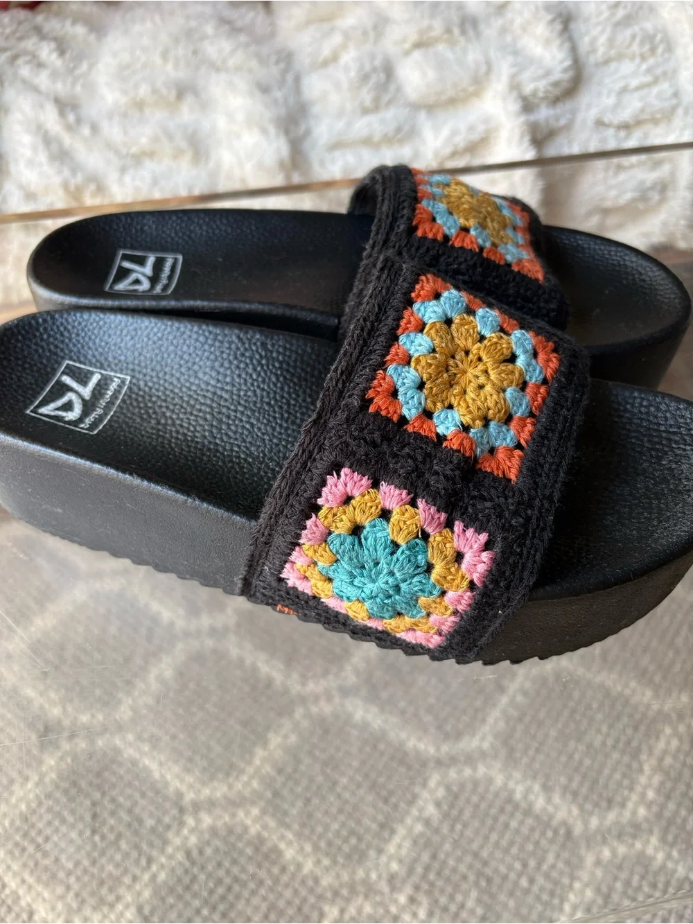 Dirty Laundry Black Crochet Slide Sandals with Multicolor Squares
